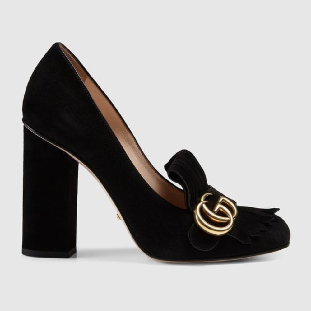 GUCCI Marmont GG Black Suede Fringe Loafer Heel 34 - Picture 2 of 8